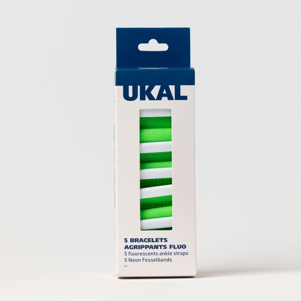 5 Bracelets auto-agrippants fluo avec passant vert UKAL