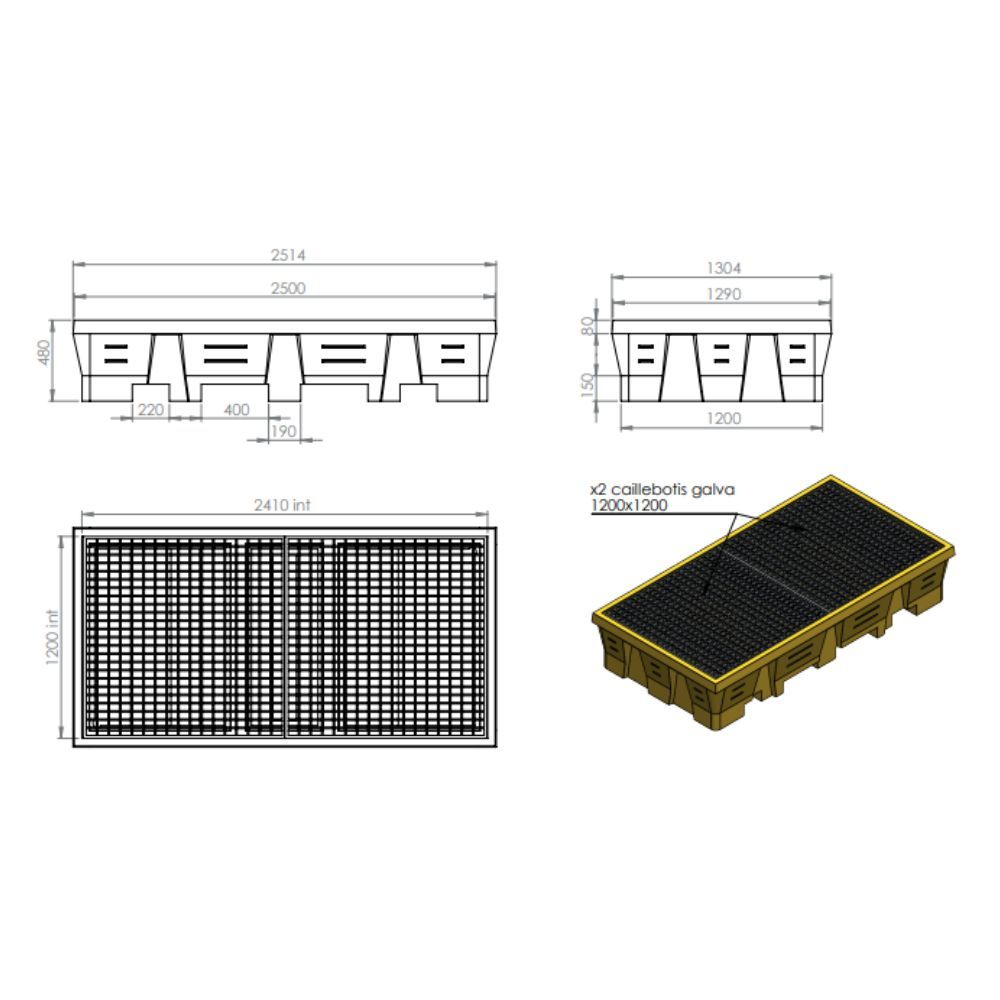 Bac de rétention 1050 L pour 2 IBC / 8 fûts EMP
