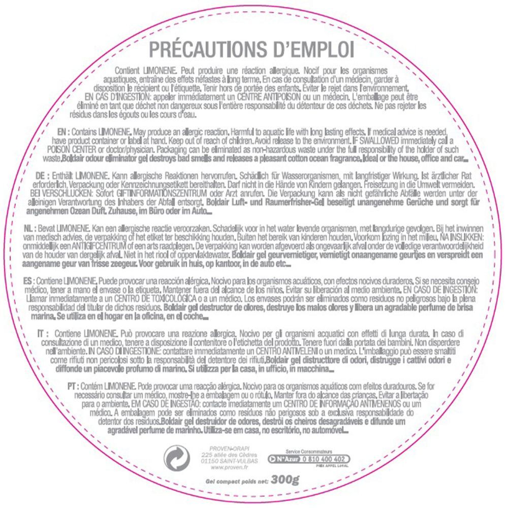 Destructeur d'odeurs en gel océan 300 g BOLDAIR