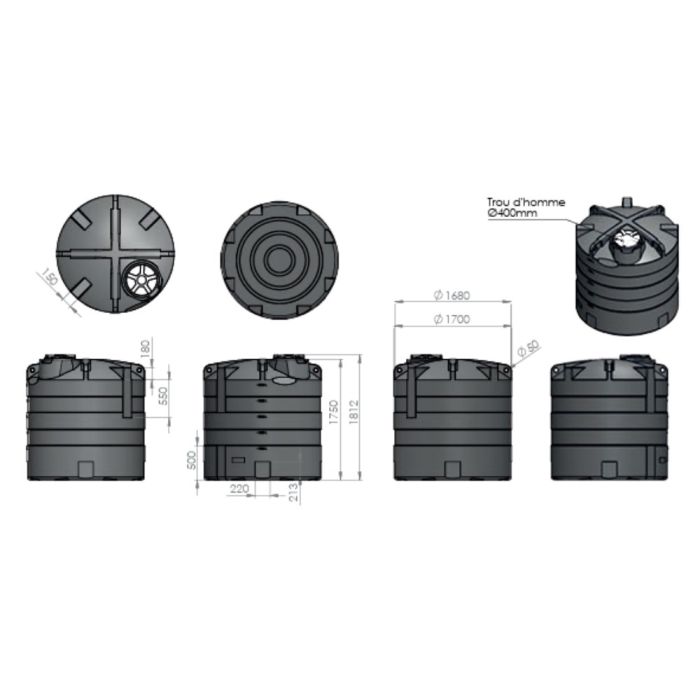 Cuve aérienne 3000 L grise EMP ROTOMOULAGE